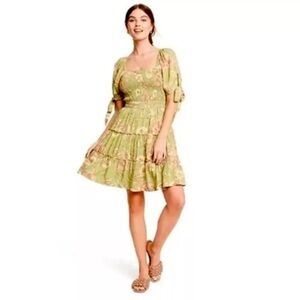 Agua Bendita green floral 3/4tg length sleeve dress, size medium